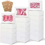 24pcs White Cookie Boxes, 8x6x2.5 Inches 3 Style Windows Treat Boxes with Window and Stickers for Treats, Chocolate Covered Strawberries, Muffins, Donuts