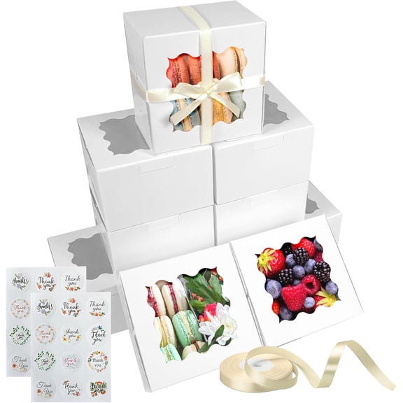 24pcs White Cookie Boxes with Window 4x4x2.4 Inches Bakery Boxes with 2pcs Stickers for Donut Dessert Chocolate Strawberries and Mini Cake