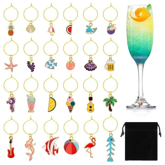 24pcs Wine Glass Charms Set - Zinc Alloy Stemware Markers with Summer Beach Designs Funny Charms for Summer Christmas Wine Tasting Party Decorations