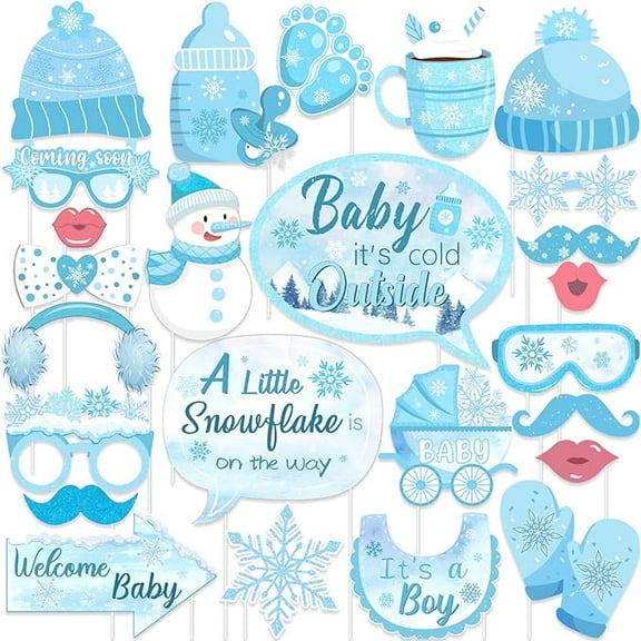 24pcs Winter Snowflake Baby Shower Photo Booth Props Blue Winter Wonderland Baby Shower Decorations Snowflakes Baby Shower Party Favors Baby Its Cold Outside Baby Shower Decorations