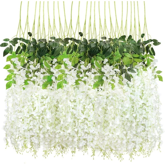 24pcs Wisteria Hanging Flowers 3.7 Ft Artificial Vine Fake Garland Silk String for Wedding Party Garden Outdoor Greenery Home Wall Decoration (White)