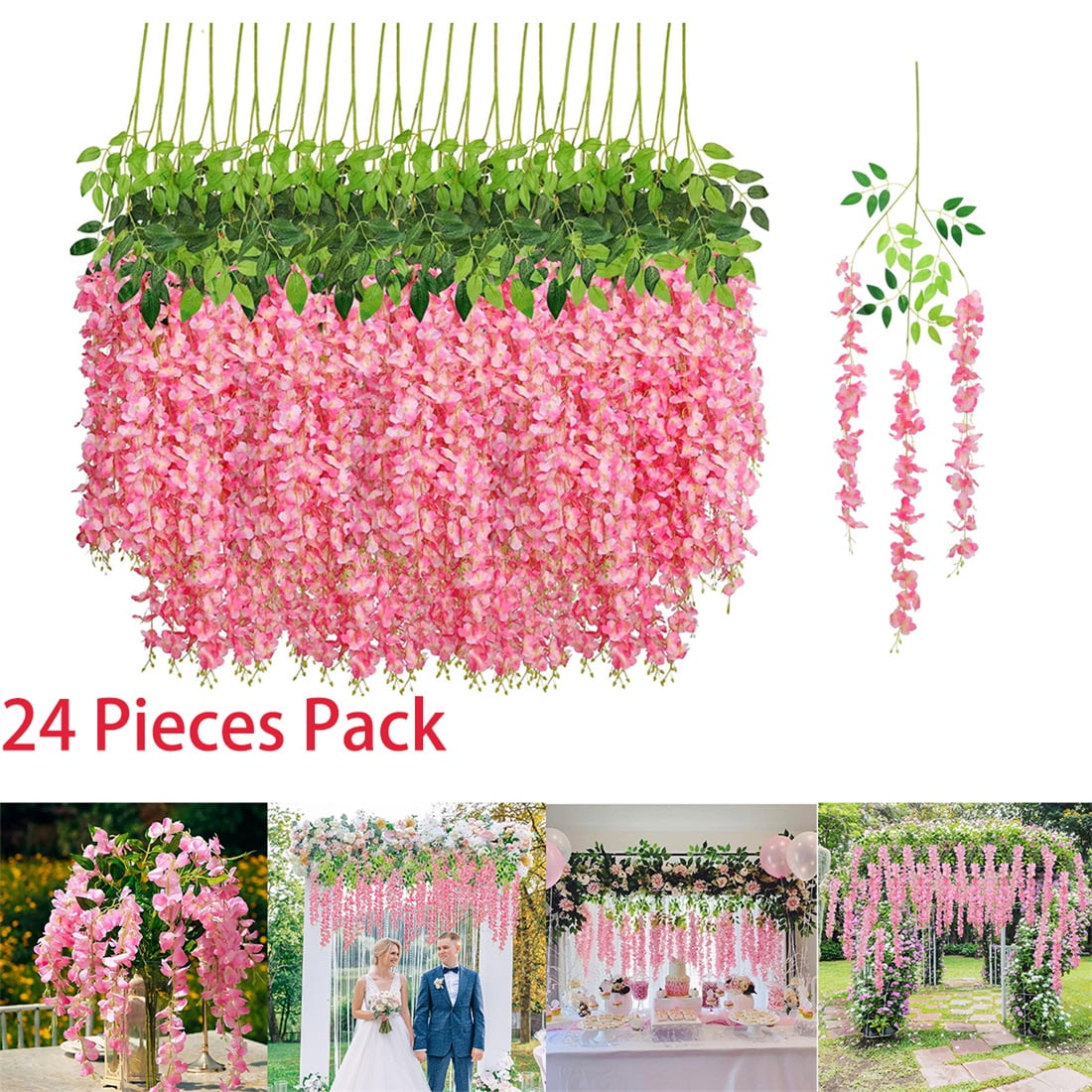 24pcs Wisteria Hanging Flowers Artificial Pink Flower Garland for Wedding Decoration 3.7ft Floral Vine Silk Flower Flowers Wedding Arch Party Outdoor Home Chirtmas Decor