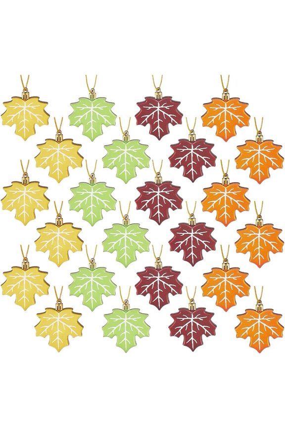 24pcs Wood Maple Leaf Ornaments 4 Color Fall Leaves Hanging Decoration Thanksgiving Autumn Pendant Ornament with Gold String