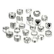 24pcs Y2K Gothic Rings Set for Women and Men Silver Punk Grunge Vintage Jewelry with Heart Snake Flower Designs