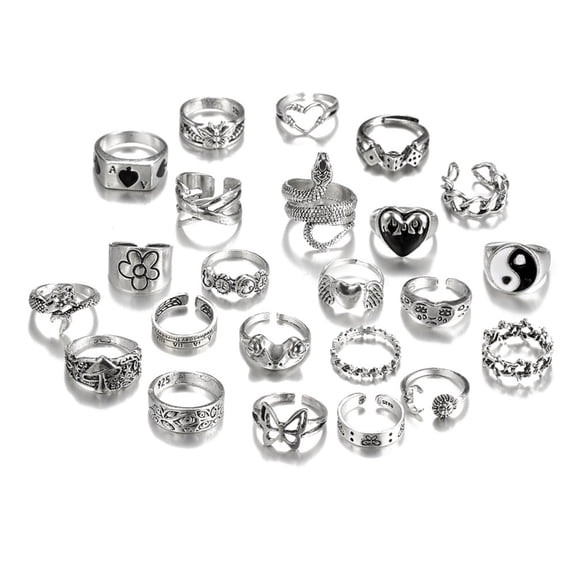 24pcs Y2K Gothic Rings Set for Women and Men Silver Punk Grunge Vintage Jewelry with Heart Snake Flower Designs