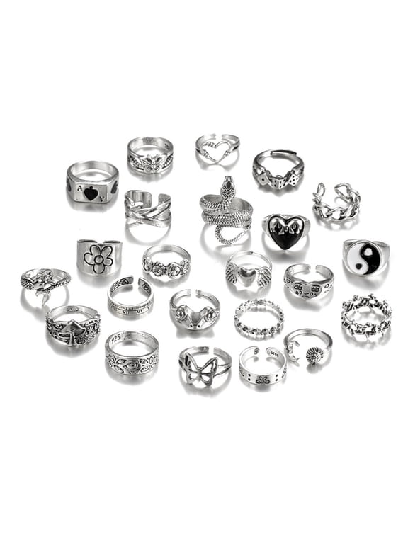 24pcs Y2K Gothic Rings Set for Women and Men Silver Punk Grunge Vintage Jewelry with Heart Snake Flower Designs