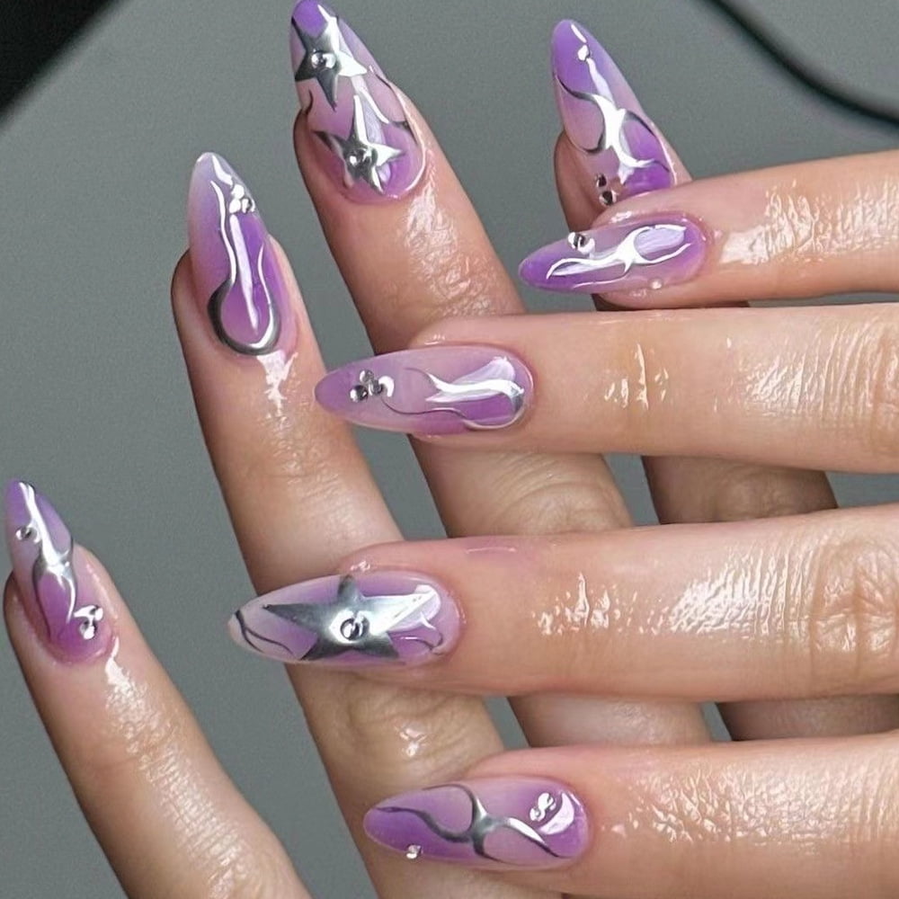 24pcs Y2k Cool Girl Fake Nails Sliver Star Almond False Nails Wearable Detachable 3D Butterfly Press on Nail Tips for Girl Women