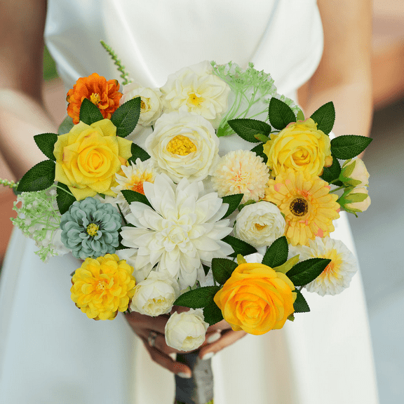 24pcs Yellow & White Artificial Flowers Set,DIY Wedding Bridal Bouquets,Home Decor Centerpieces for Holiday,Birthday Party & Table Styling (Rustic Box)