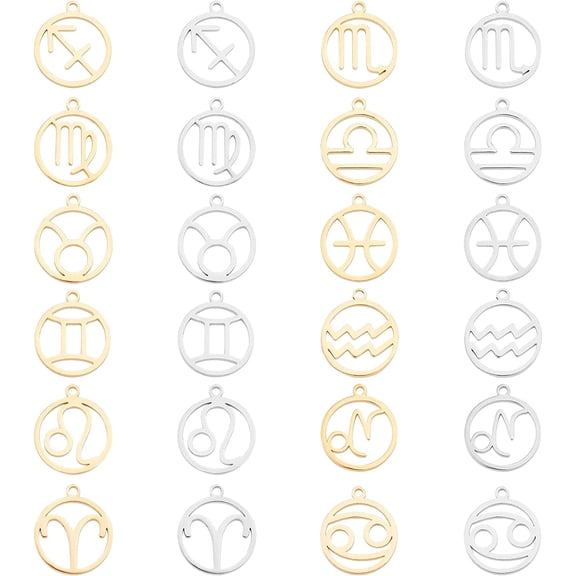 24pcs Zodiac Sign Charms Golden & Stainless Steel Color Round with Constellations Pendants Stainless Steel Pendants Metal Charms for Jewelry Making 18mm Long