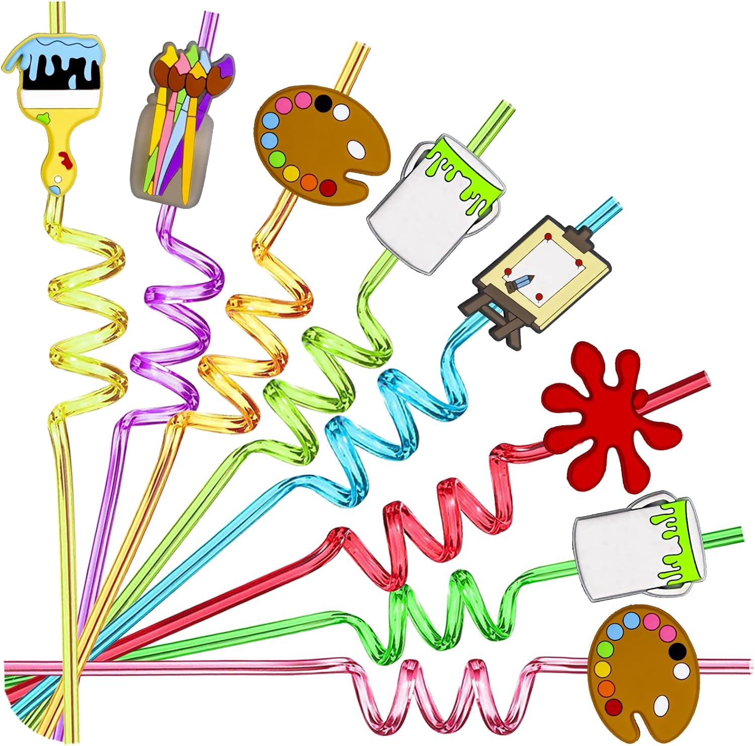 24pcs art painting curly straws for cocktail drink and brushes pad ...