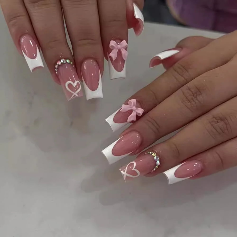 24pcs/box Fake Nails Press on Reusable with Designs Set French Artificial Aurora Diamond False Tipsy Stick-on Nails Tips Art