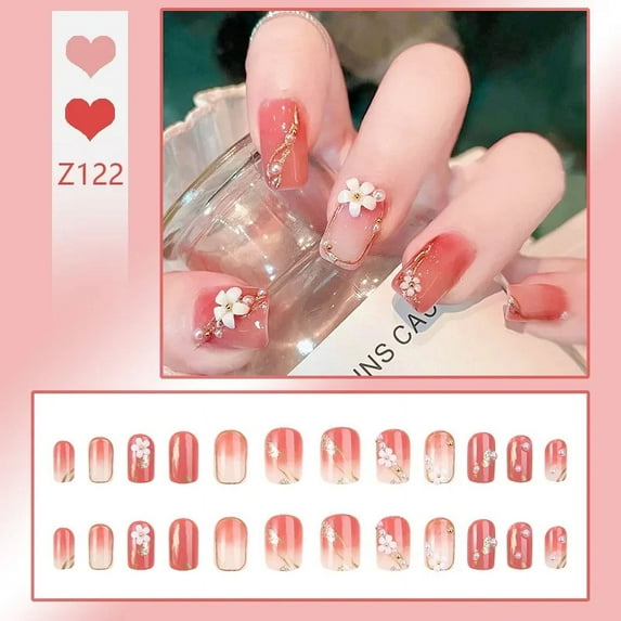 24pcs/box Fake Nails Press on Reusable with Designs Set French Artificial Aurora Diamond False Tipsy Stick-on Nails Tips Art