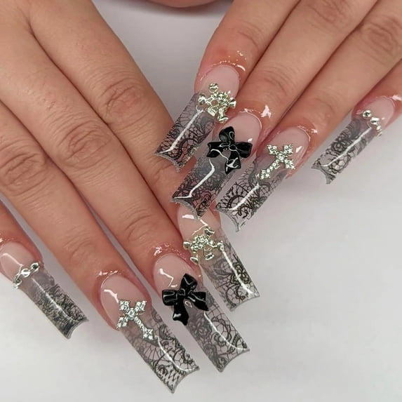 24pcs/box False Nails With Design French White Black Full Cover Acrylic Press On Fake Nails Sets With Glue Long Artifical Nails