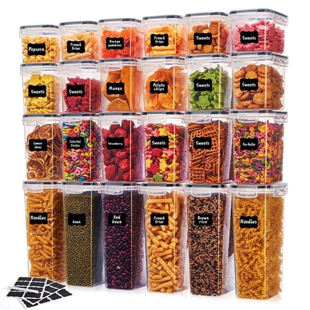 Asnews 24 PCS Airtight Food Storage Containers with Lids, Kitchen Storage Container for Cereal, Dry Food, Flour and Sugar, BPA-Free, Includes 24 Labels
