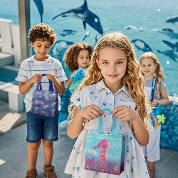 24pcs ocean-themed party favor bags. These are exquisite marine-themed gift paper bags with handles, designed as candy and snack bags featuring ocean animal patterns.