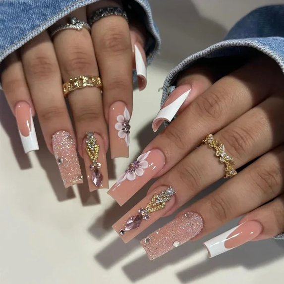 24pcs wearable Square head Ballerina french pink false nails with glue full cover fake nails press on long Acrylic Manicure Tips