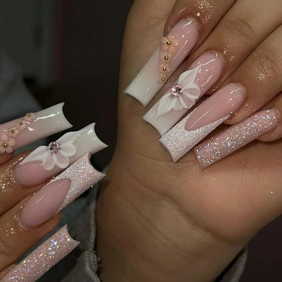 24pcs wearable Square head Ballerina french pink false nails with glue full cover fake nails press on long Acrylic Manicure Tips