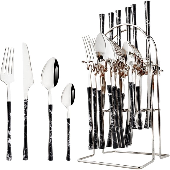 24pieces Silver Flatware Set with Stand Premium Stainless Steel Silverware Cutlery Set Knives Forks and Spoons Set,Service for 6,Marble Pattern Handle,Dishwasher Safe - Black Silver