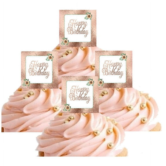 24pk Antique Rose Gold Glitter Rose Gold Glitter Happy Birthday Hand Crafted Glitter Cupcake Decoration Topper Picks