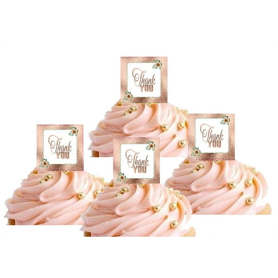 24pk Antique Rose Gold Glitter Thank You Hand Crafted Glitter Cupcake Decoration Topper Picks