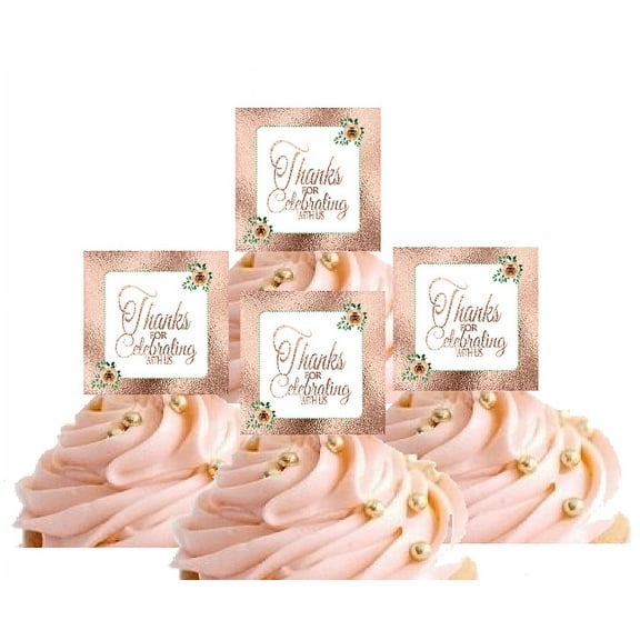 24pk Antique Rose Gold Glitter Thanks For Celebrating with Us Hand Crafted Glitter Cupcake Decoration Topper Picks