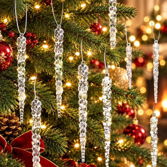 24pk Christmas Icicle Ornaments for Christmas Tree Decorations, Hanging Acrylic Crystal Christmas Ornaments 5.1" Clear Plastic Icicles for Xmas Tree