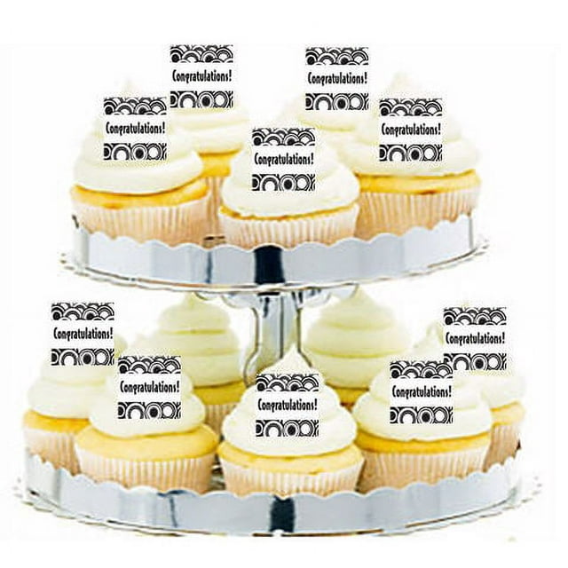24pk Congratulations Black and White Edible Cupcake Decoration Toppers