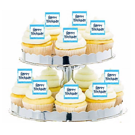 24pk Happy Birthday Blue Bubbles Edible Cupcake Decoration Toppers / Picks
