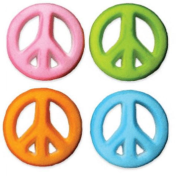 24pk Peace Sign 1 1/4" Edible Sugar Decoration Toppers for Cakes Cupcakes Cake Pops w. Edible Sparkle Flakes & Decorating Stickers
