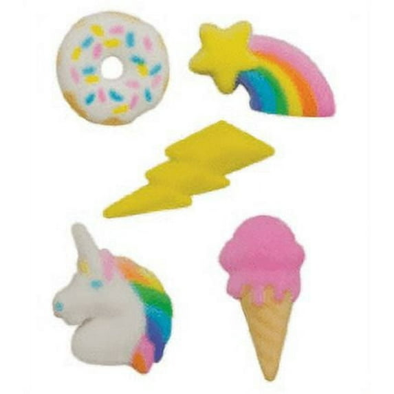 24pk Rainbow Party 1" - 1 1/2" Edible Sugar Decoration Toppers for Cakes Cupcakes Cake Pops w. Edible Sparkle Flakes & Decorating Stickers