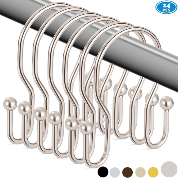 24pk Shower Curtain Hooks Rings, Rustproof Metal Balanced Glide Shower Hook, Double Hooks for Bathroom Shower Rod Curtain, Polished Nickel Finish