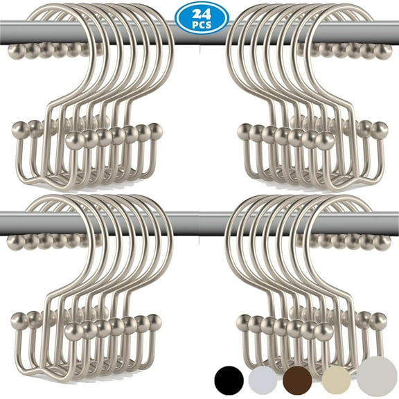 24pk Shower Curtain Hooks Rings, Rustproof Metal Glide Shower Hook, Double Hooks for Bathroom Shower Rod Curtain, Brushed Matte Nickel Finish