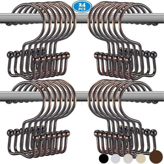 24pk Shower Curtain Hooks Rings, Rustproof Metal Glide Shower Hook, Double Hooks for Bathroom Shower Rod Curtain, Plated Bronze Finish