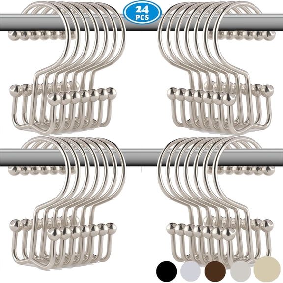 24pk Shower Curtain Hooks Rings, Rustproof Metal Glide Shower Hook, Double Hooks for Bathroom Shower Rod Curtain, Polished Nickel Finish