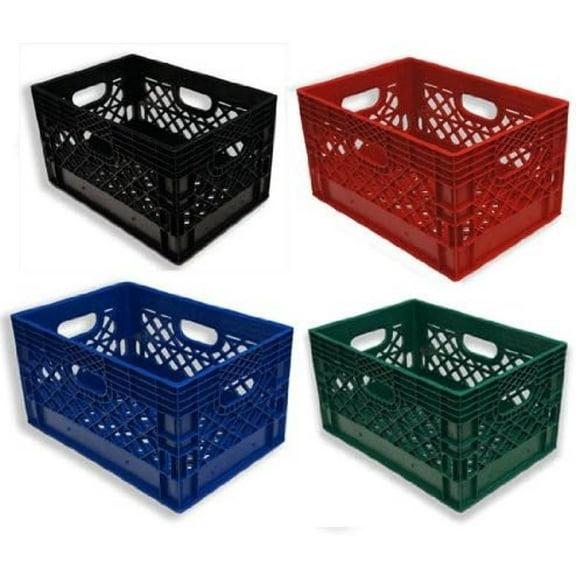 24qt 4 Pack HDPE Plastic Black, Blue, Red, & Green Milk Crates