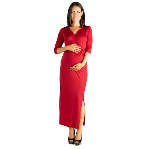 24seven Comfort Appare Fitted V-Neck Side Slit Maternity Maxi Dress