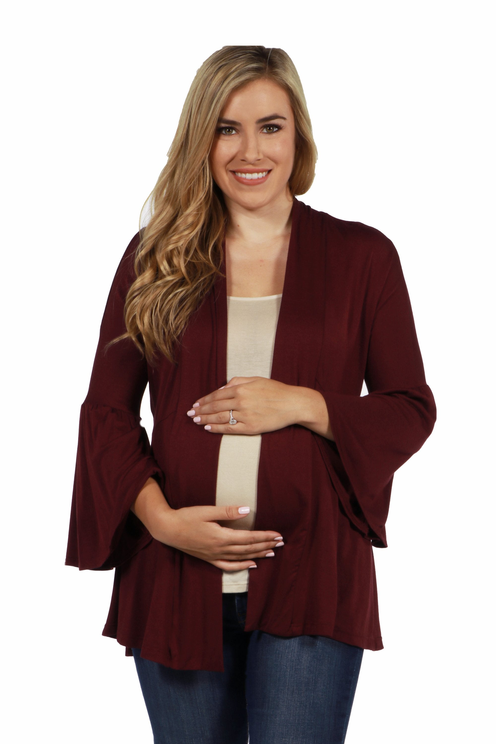 24seven Comfort Apparel Bell Sleeve Flared Open Front Maternity Cardigan