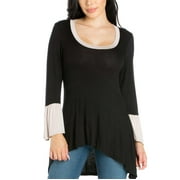 24seven Comfort Apparel Black and Beige Bell Sleeve Hi Low Tunic Top, R0112055, Made in USA