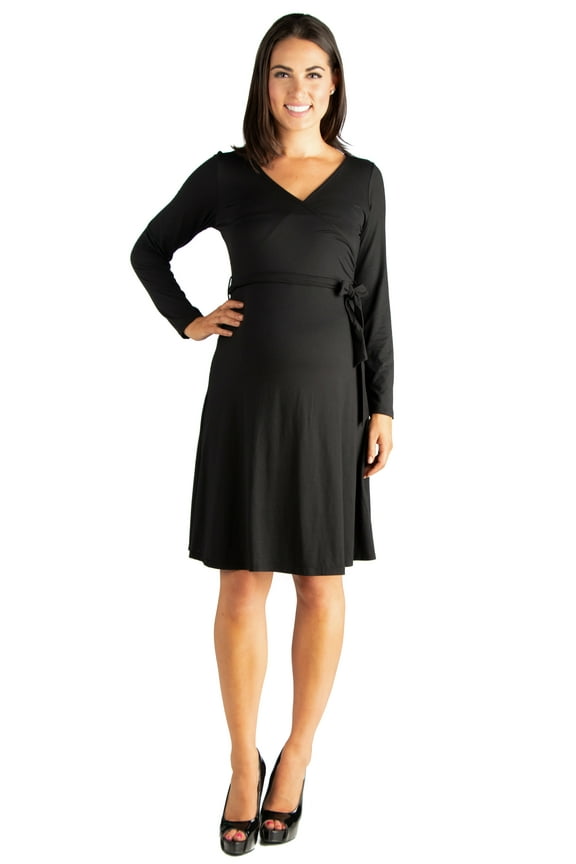24seven Comfort Apparel Chic V-Neck Long Sleeve Belted Maternity Dress