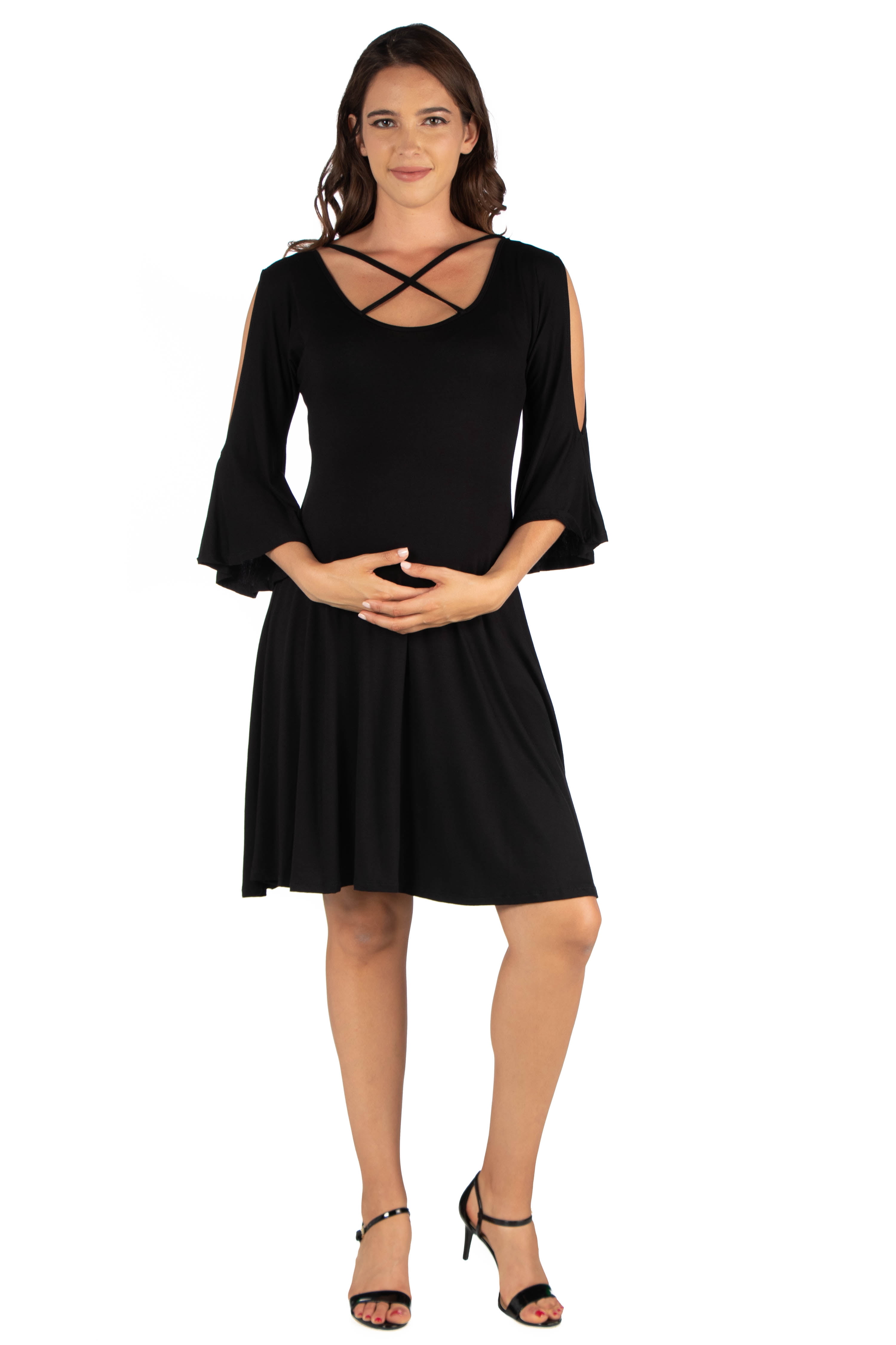 24seven Comfort Apparel Criss Cross Neckline Cold Shoulder Maternity Dress