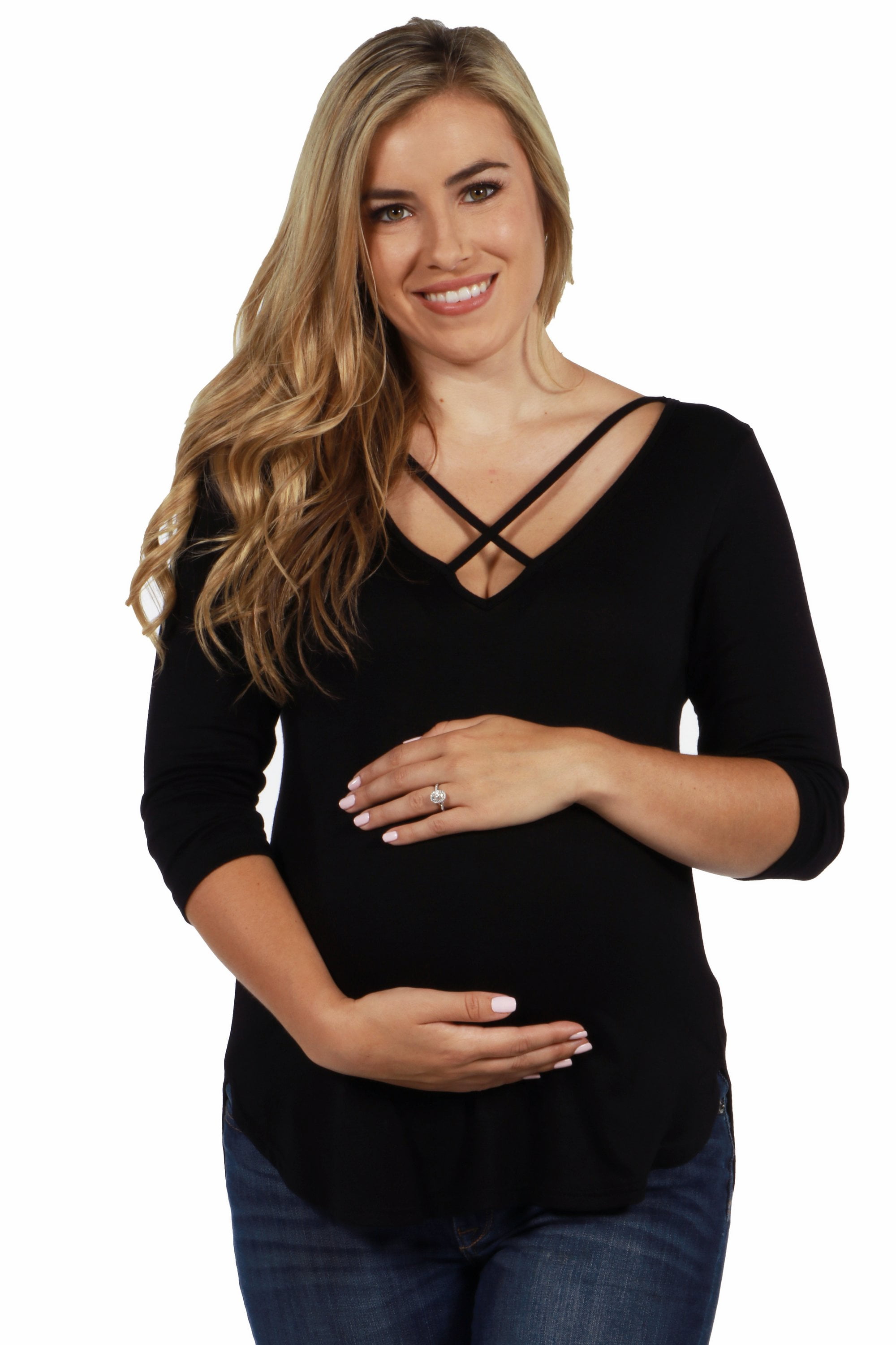 24seven Comfort Apparel Criss Cross Round Hemline Maternity Tunic Top