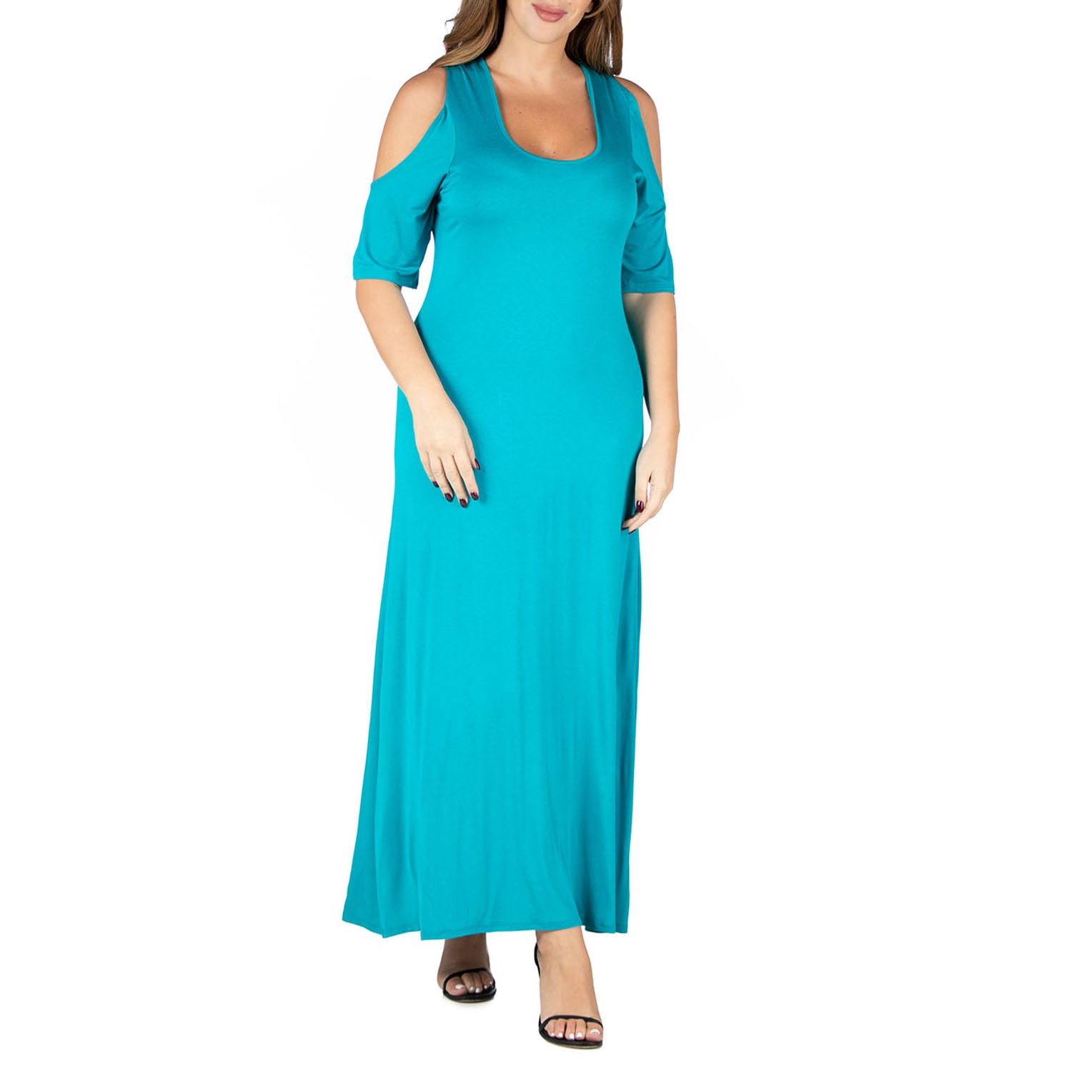 24seven Comfort Apparel Elbow Length Sleeve Cold Shoulder Plus Size Maxi Dress, P0116067, Made