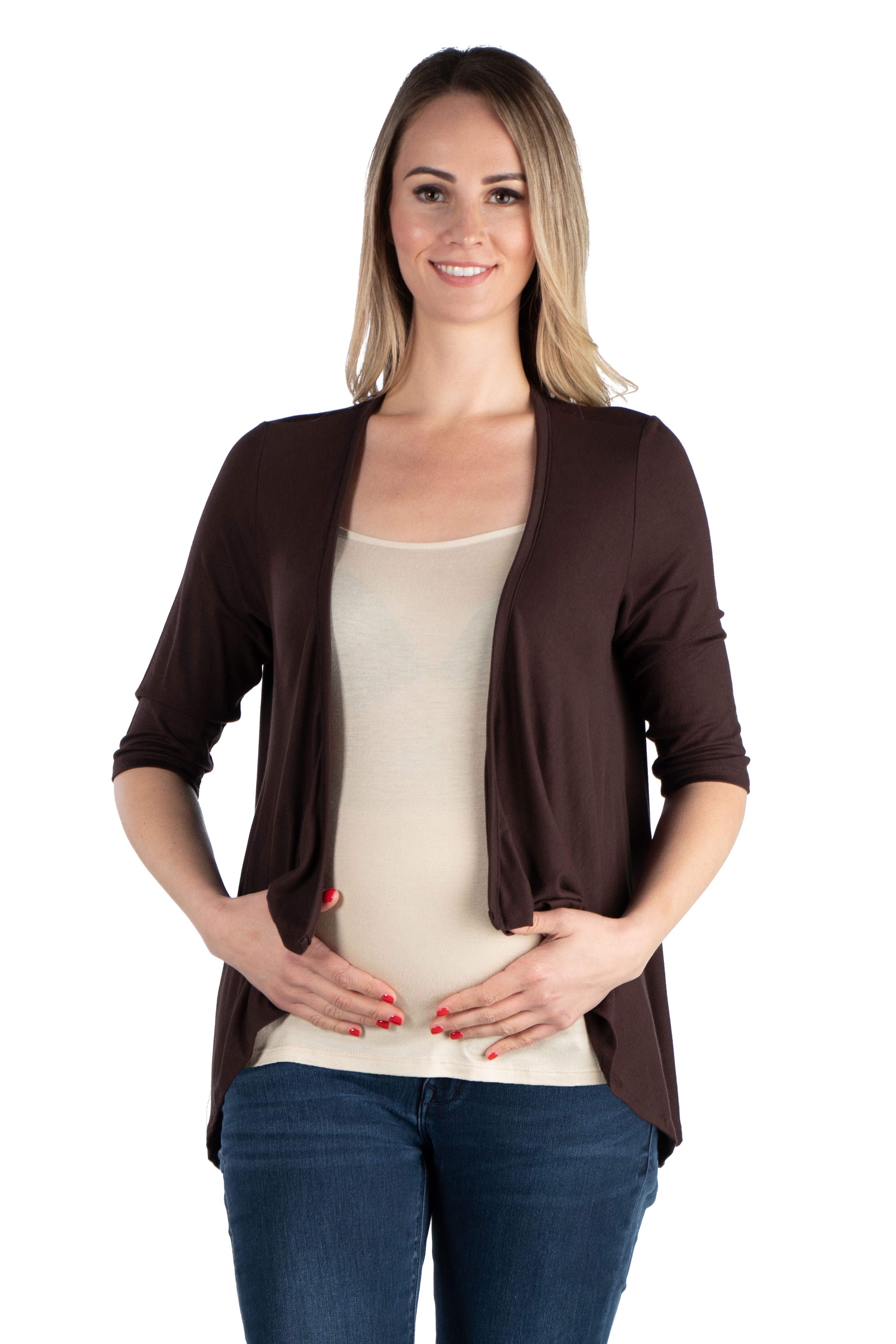 24seven Comfort Apparel Elbow Length Sleeve Maternity Open Cardigan