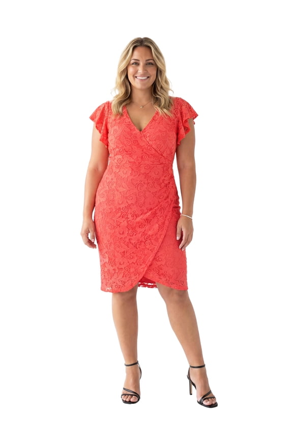 Apparel Elevate Curvy Lace V Neck Flutter Sleeve Faux Wrap Midi Dress