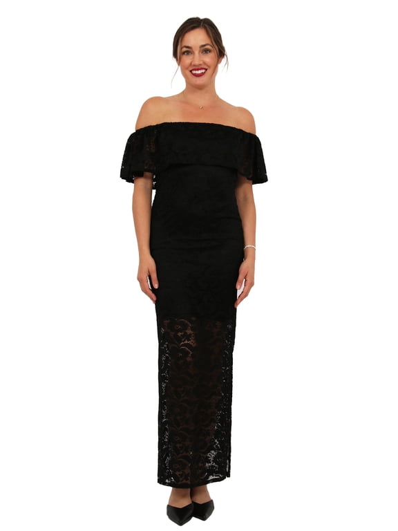 Apparel Elevate Womens Lace Off the Shoulder Side Slit Bodycon Maxi Dress