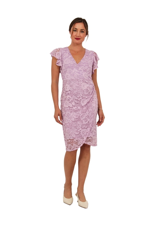 Apparel Elevate Womens Lace V Neck Flutter Sleeve Faux Wrap Midi Dress