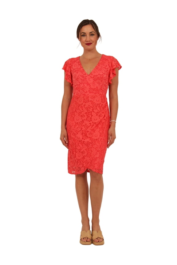 Apparel Elevate Womens Lace V Neck Flutter Sleeve Faux Wrap Midi Dress