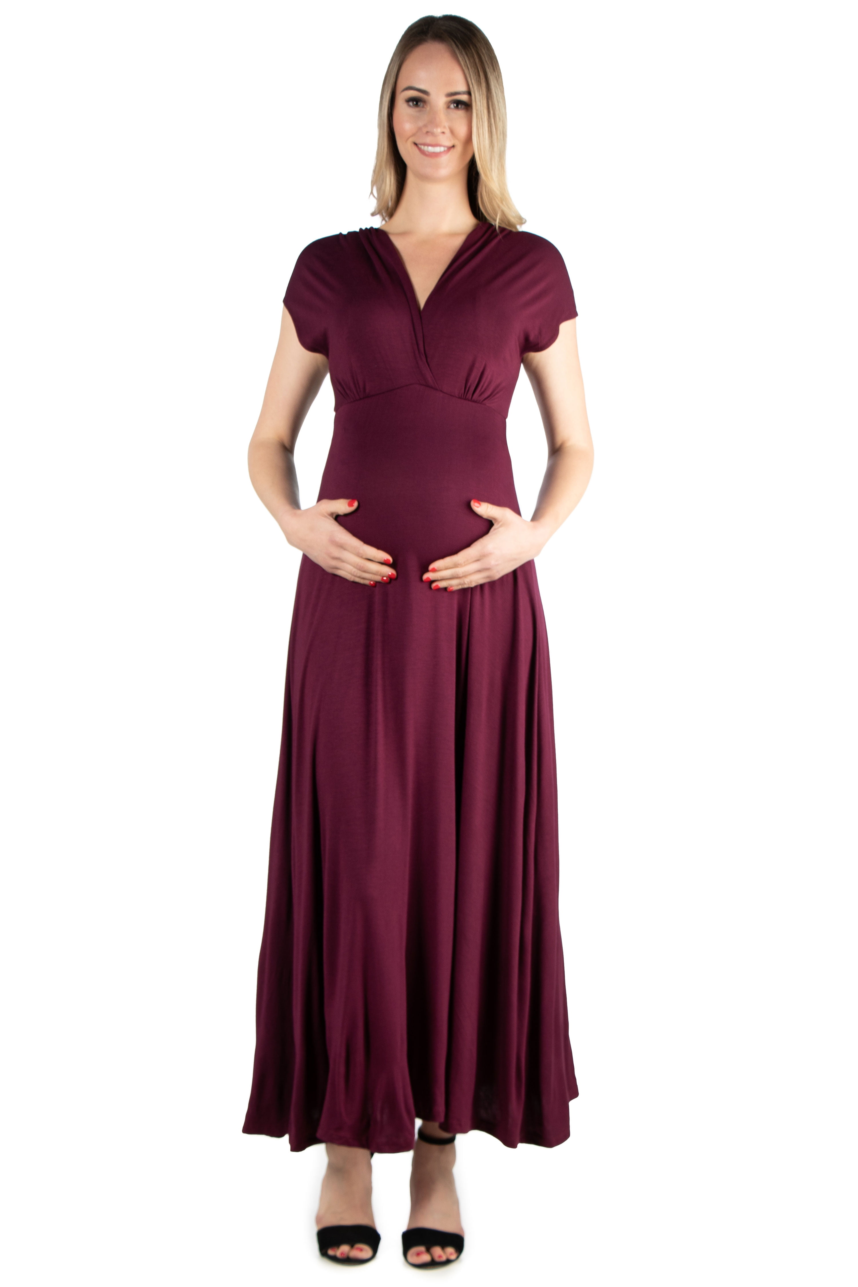 24seven Comfort Apparel Empire Waist V Neck Maternity Maxi Dress