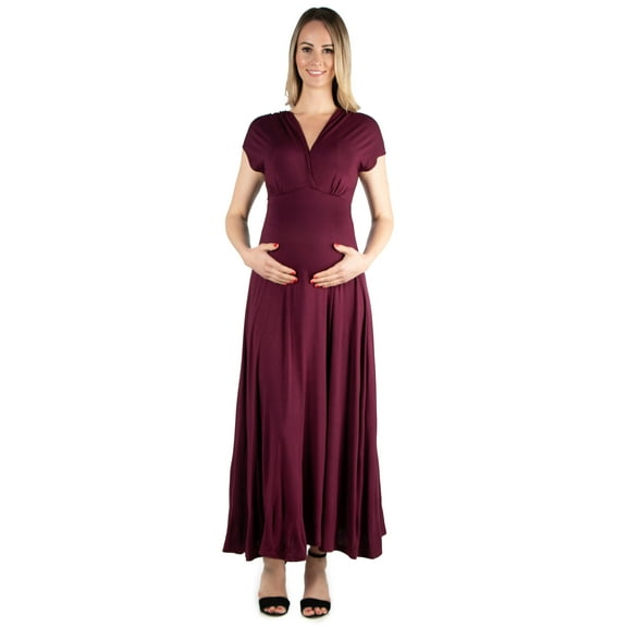 24seven Comfort Apparel Empire Waist V Neck Maternity Maxi Dress