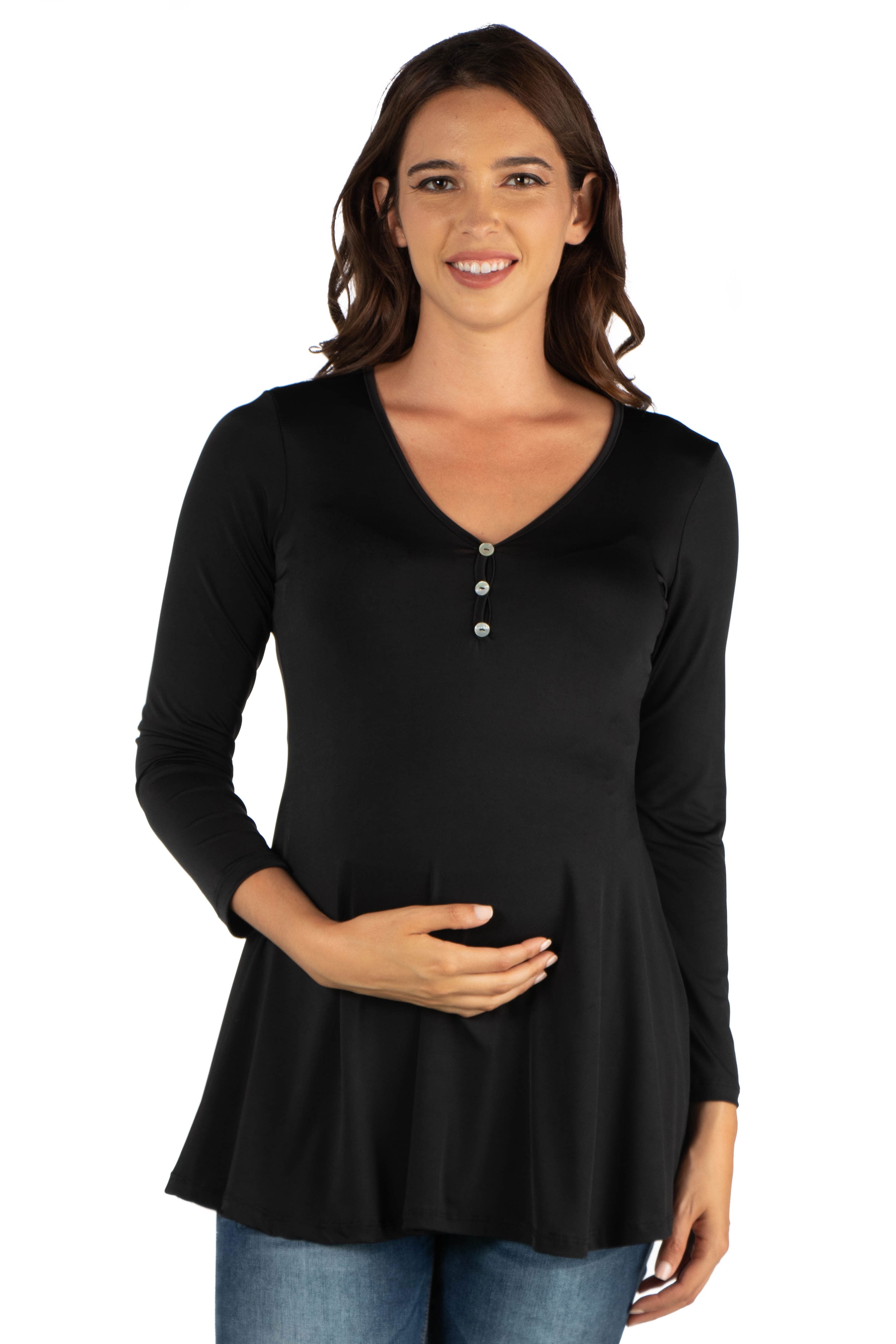 24seven Comfort Apparel Flared Long Sleeve Henley Maternity Top